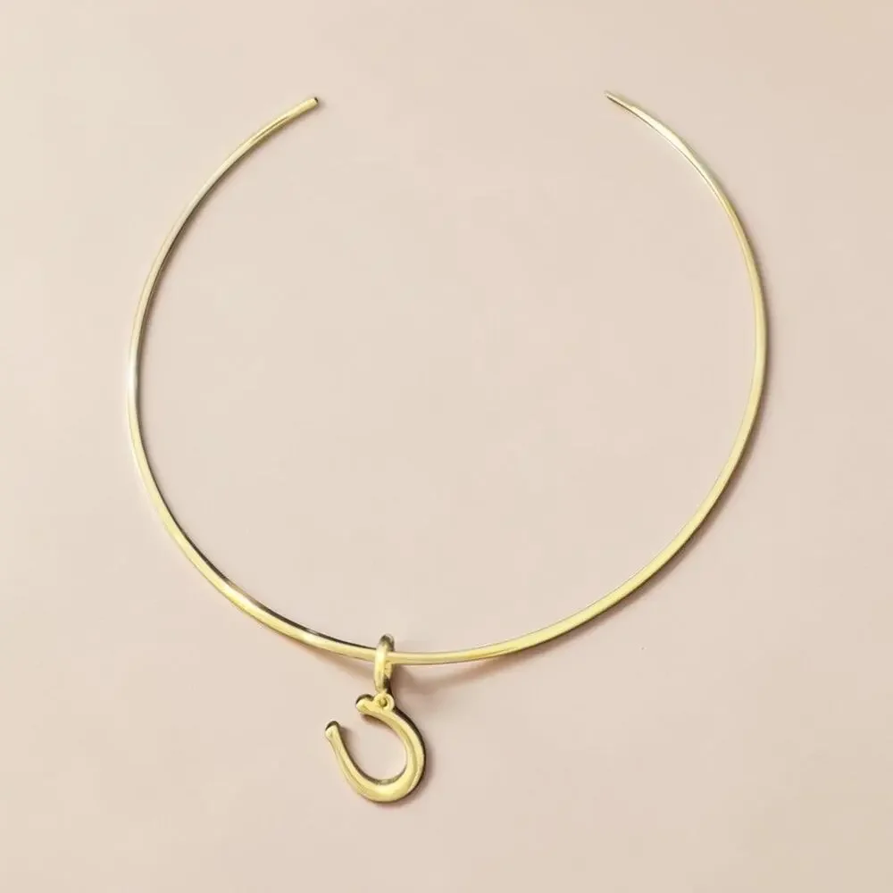Madewell Horse Shoe Charm Wire Choker Necklace Antique Gold One Size NWT - Picture 4 of 10